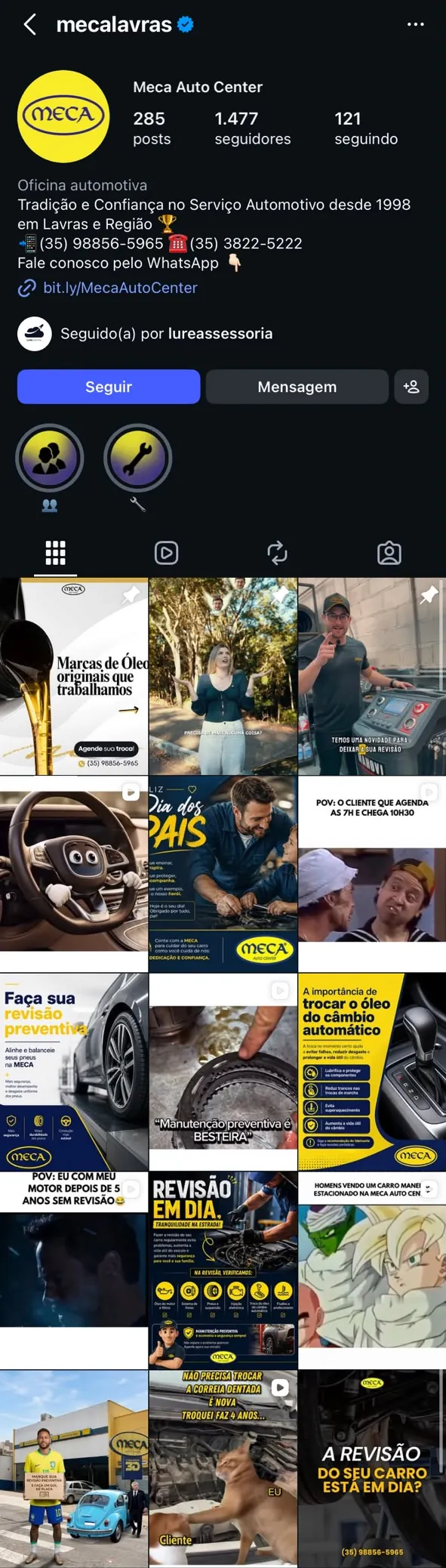 Perfil da Meca Auto Center no Instagram, @mecalavras